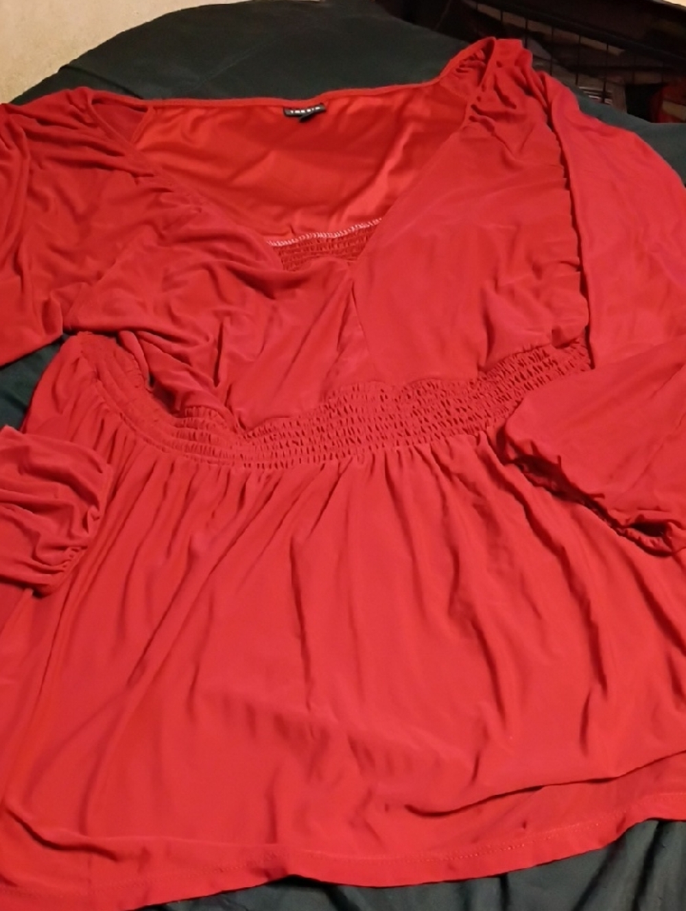 torrid Red Smocked-Waist Long Sleeve Tunic